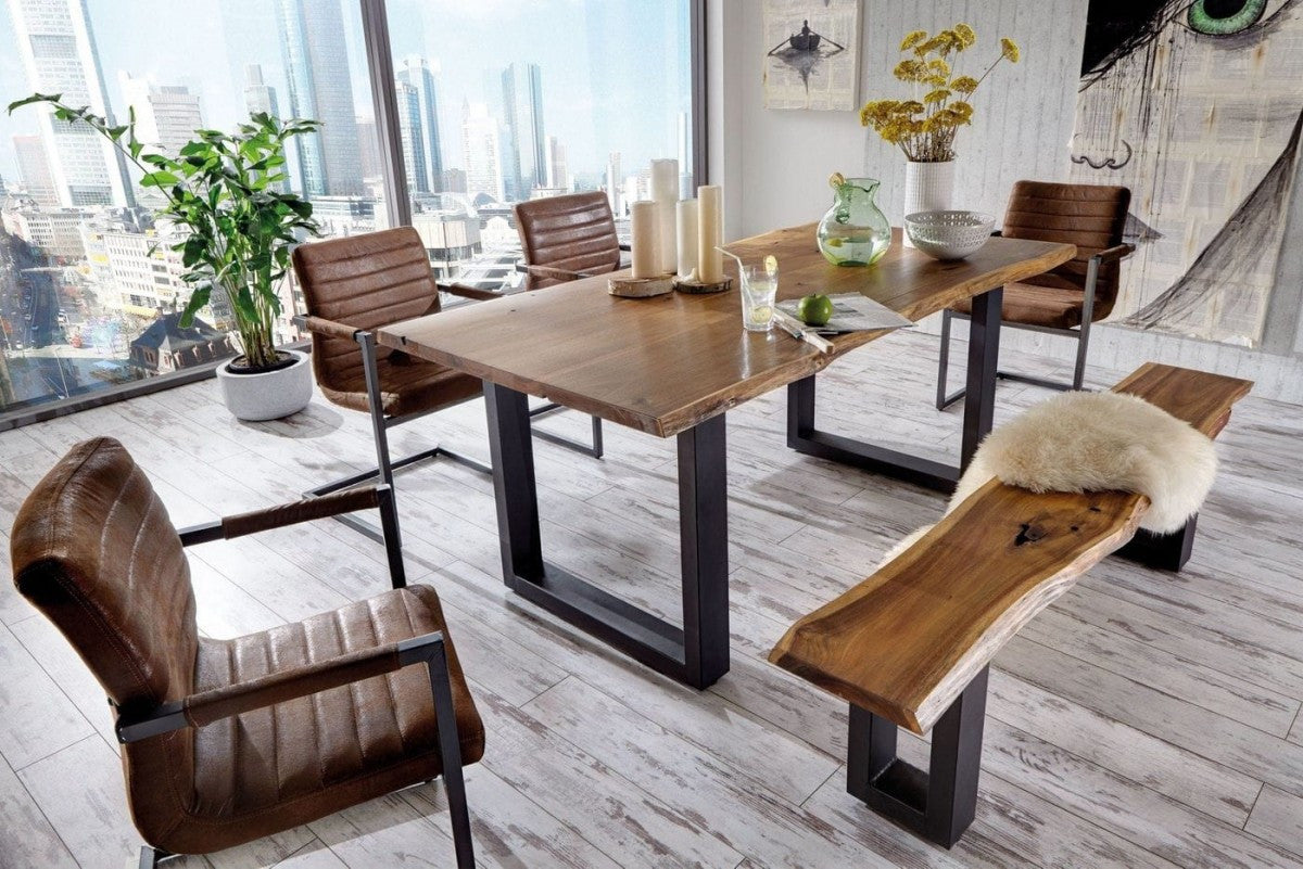 102" Acacia And Black Rectangular Solid Wood And Metal Dining Table