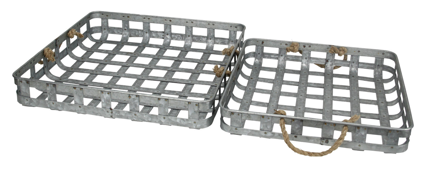 Set Of Two 17" Gray Rectangular Metal Handmade Trays With Rope Handles