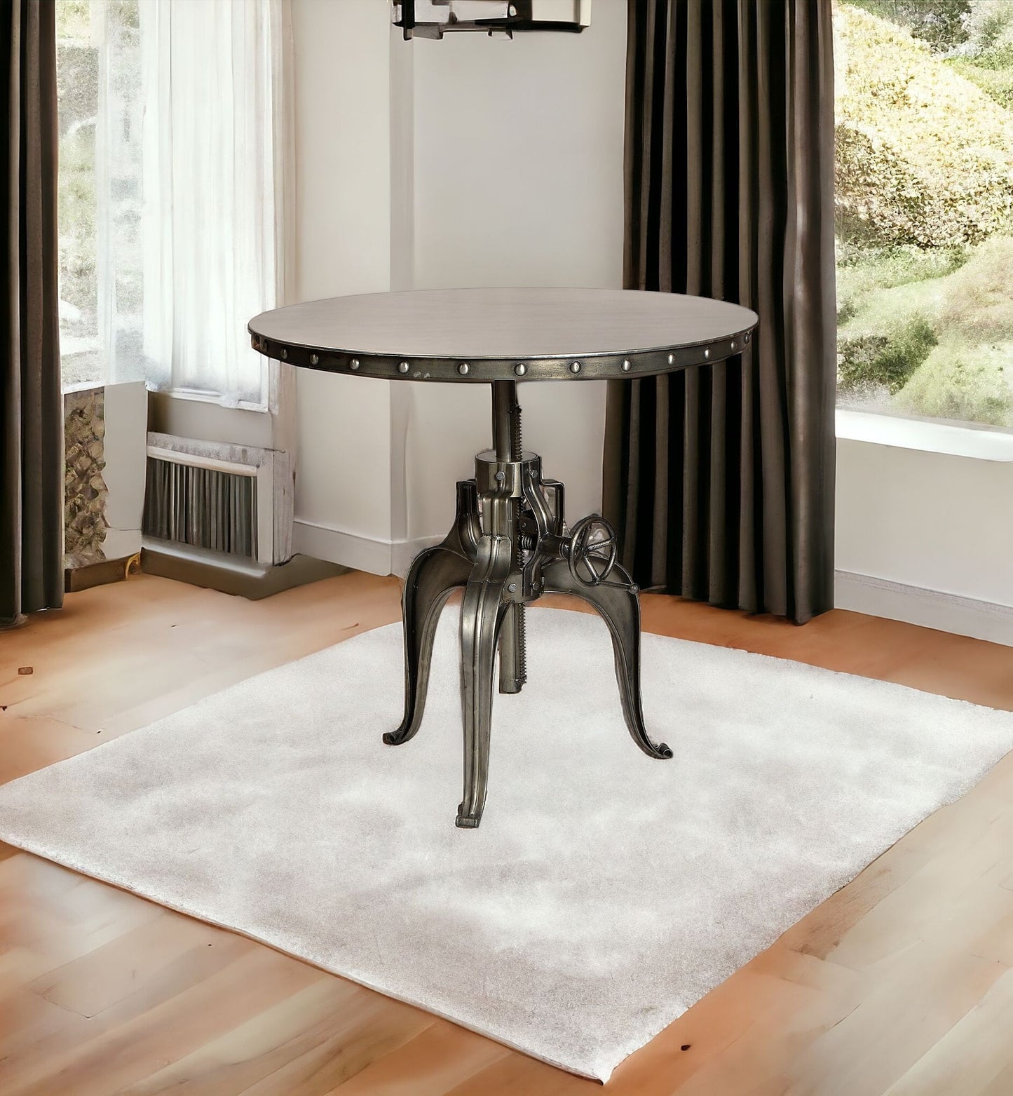 36" Silver Gunmetal Industrial Gear Adjustable Height Round Dining Table