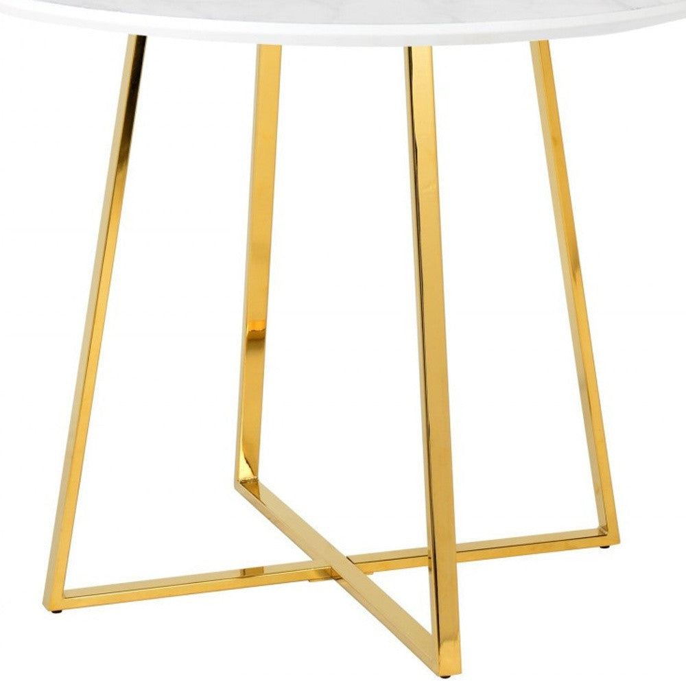 39" White Faux Marble and Gold Round Dining Table