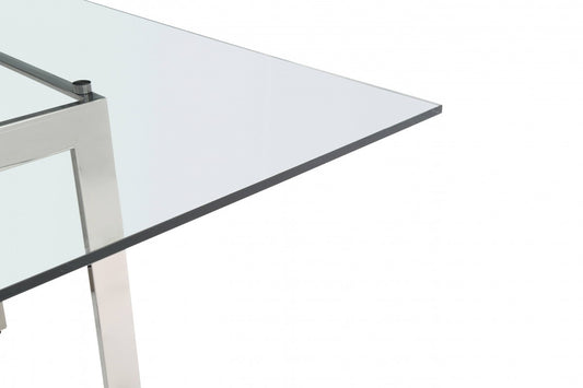 59" Clear And Gun Metal Square Glass And Stainless Steel Dining Table