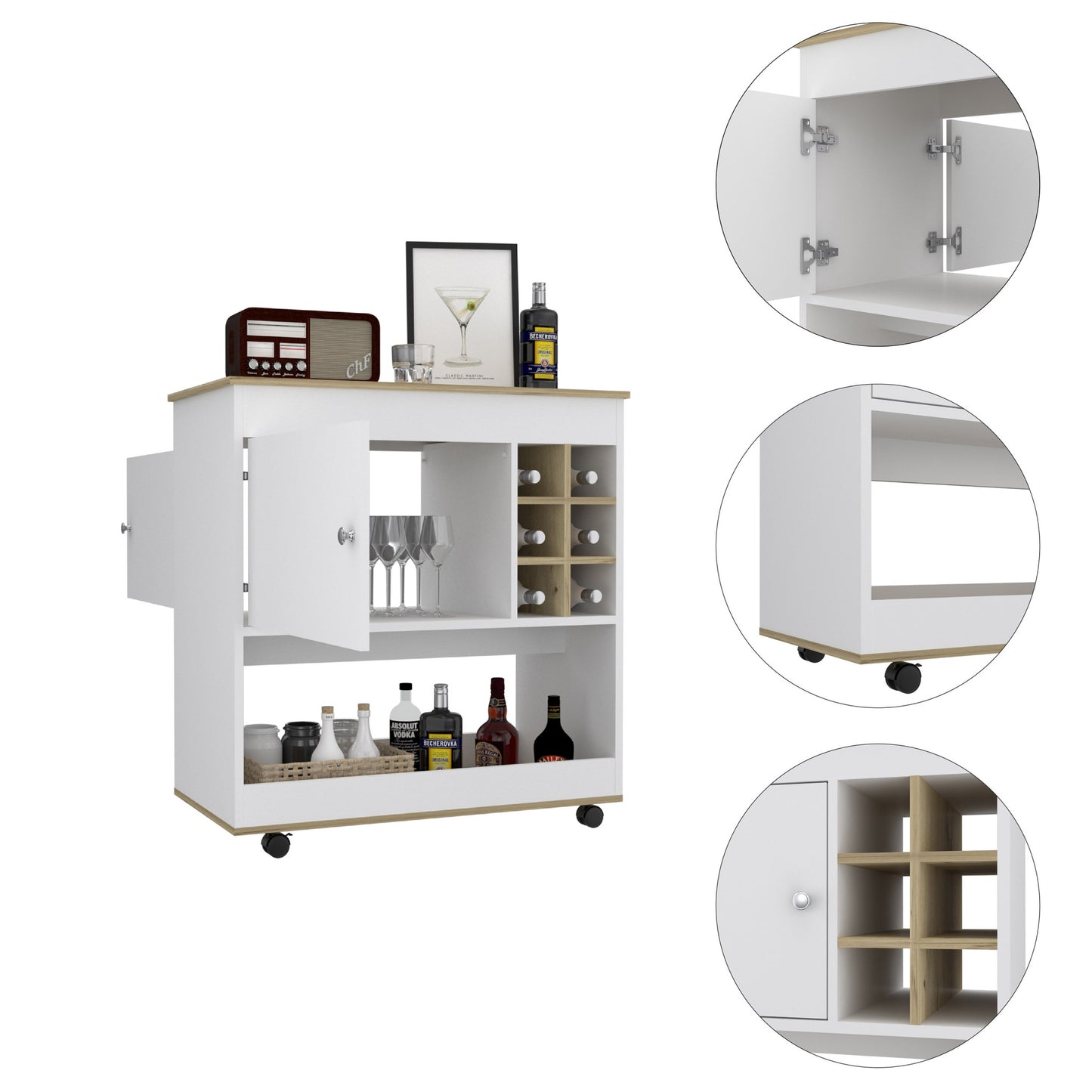 Brown and White Rolling Bar Cart With Wine Storage