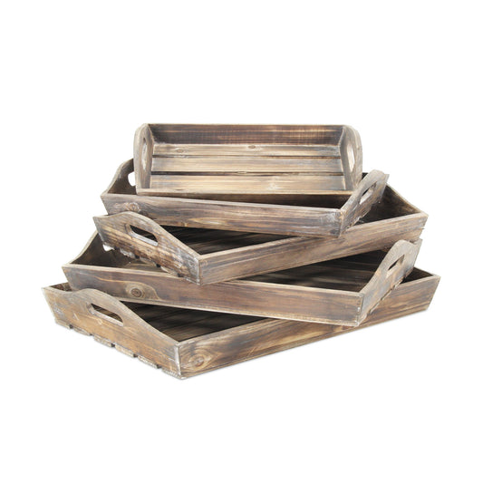 Set Of 5 Rustic Natural Brown Wood Handmade Trays With Handles