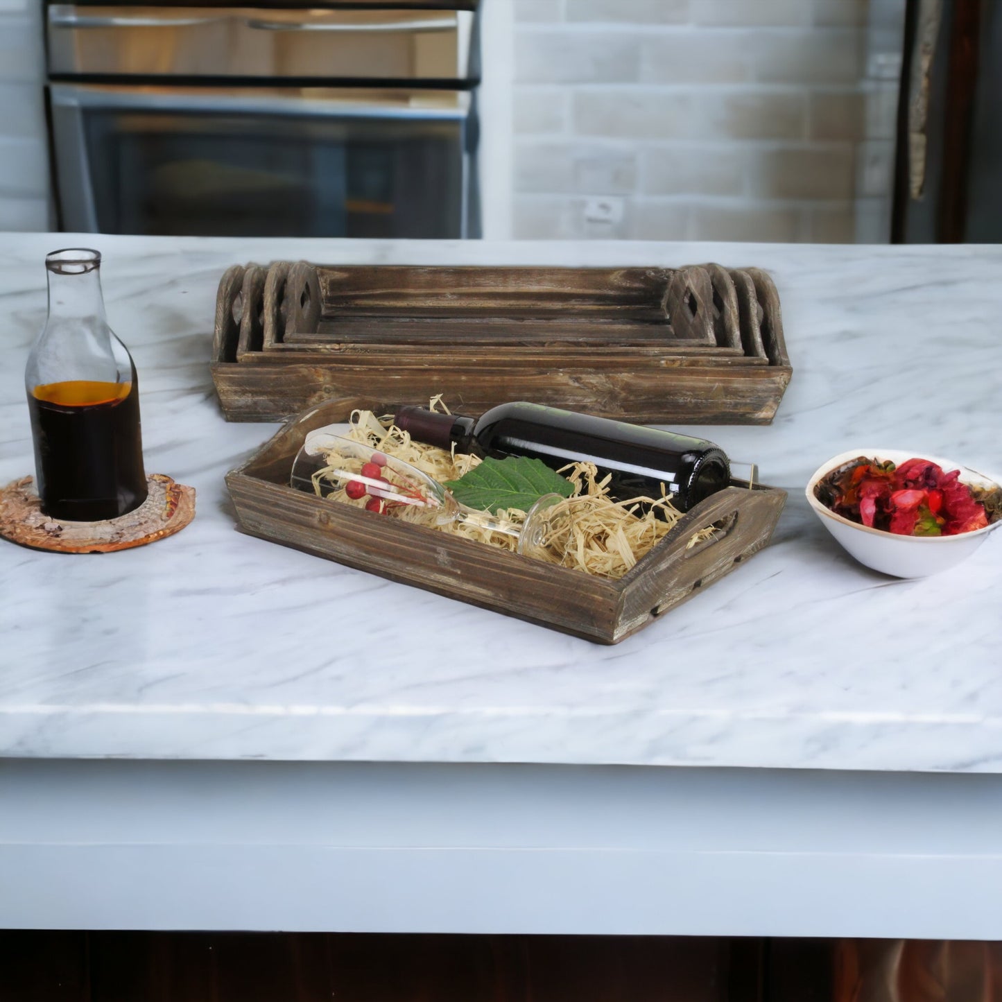 Set Of 5 Rustic Natural Brown Wood Handmade Trays With Handles