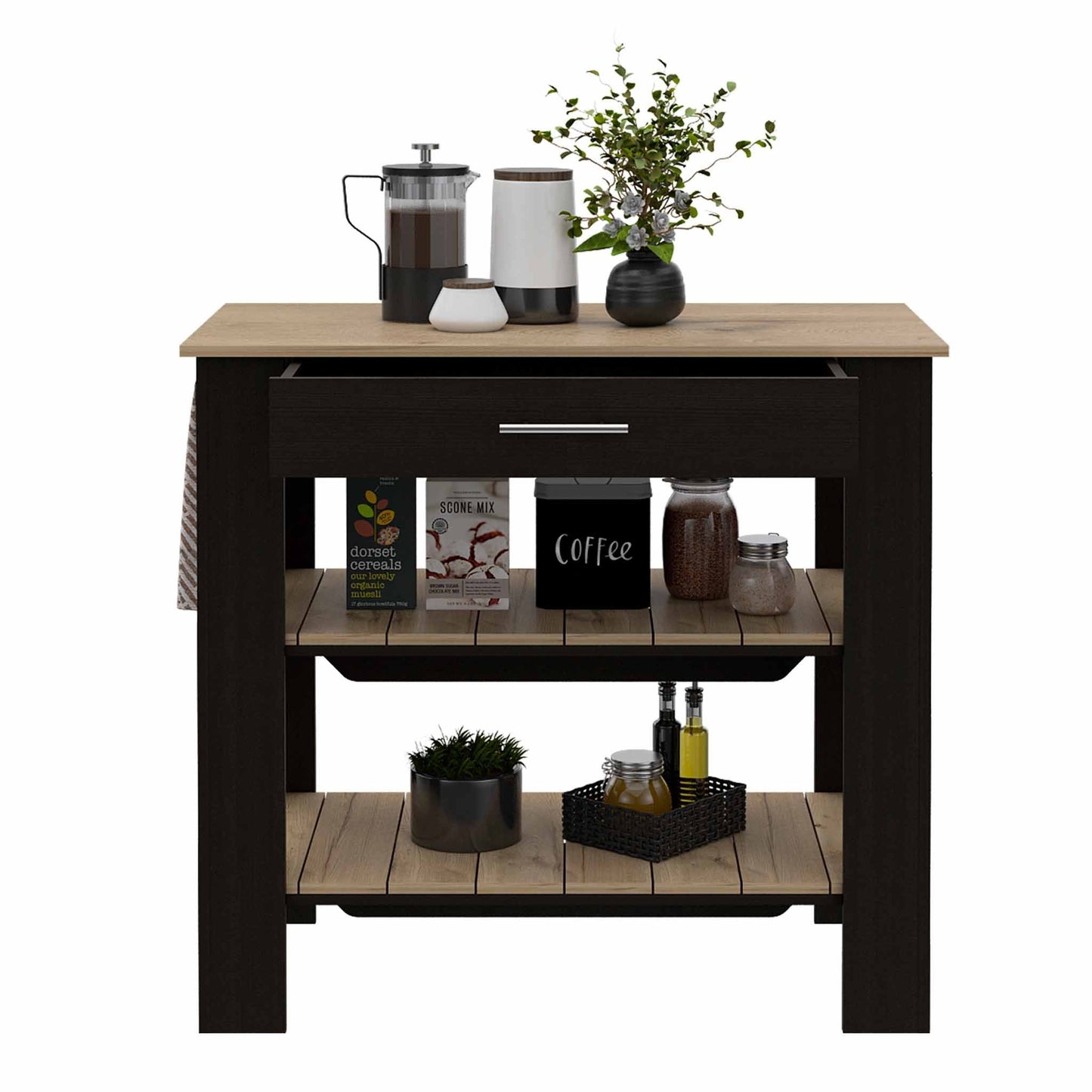 Light Oak and Black Kitchen Island with Drawer and Two Open Shelves