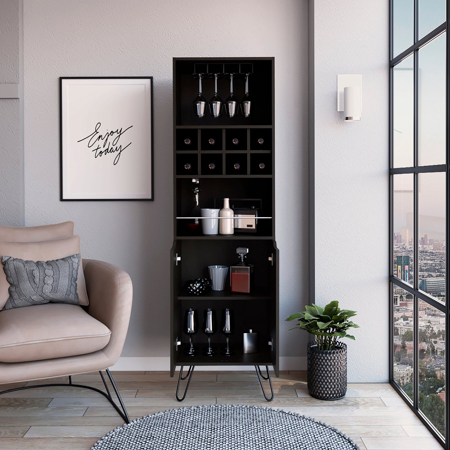 Black Tall Bar Cabinet with Two Door Panels and Top Wine Glass Rack