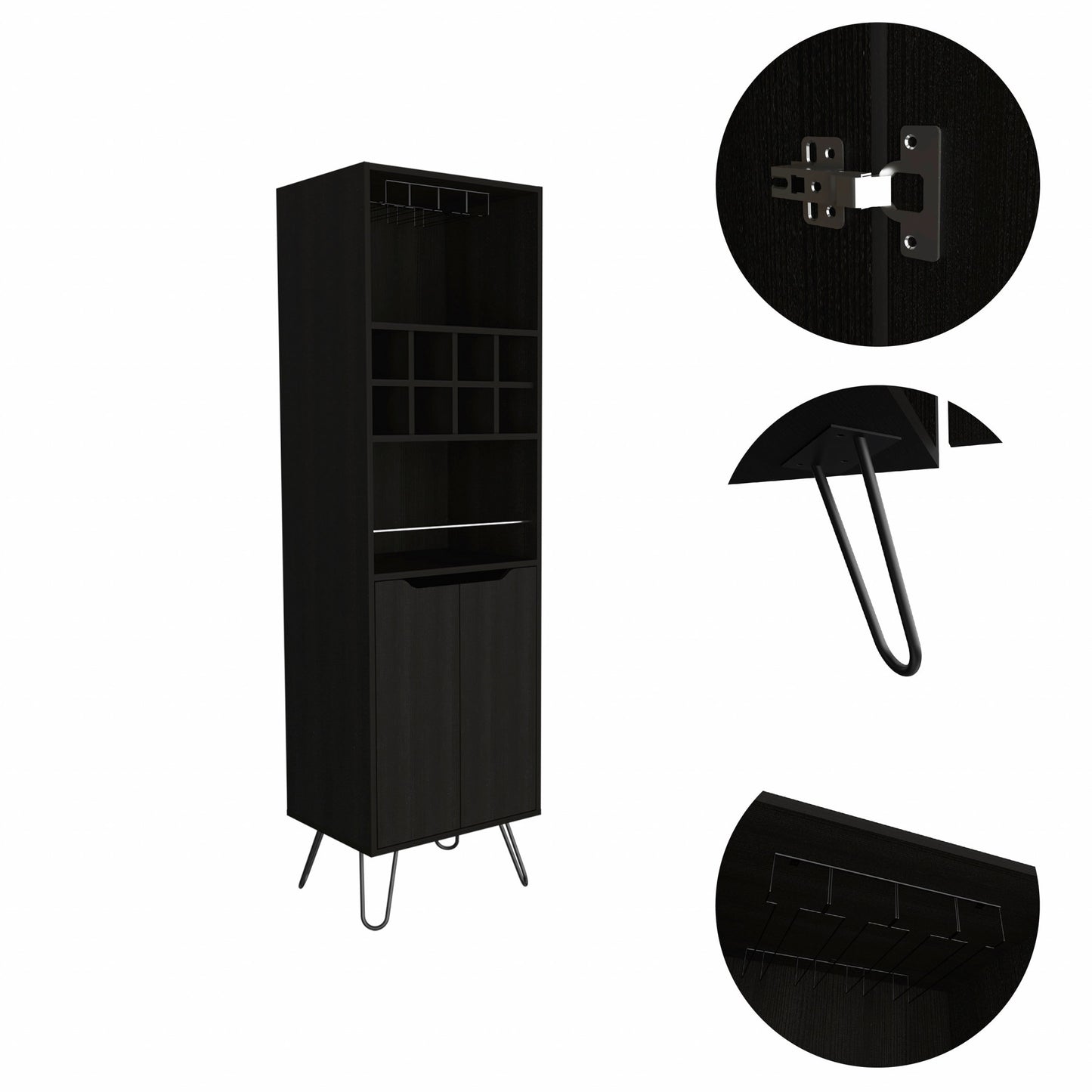 Black Tall Bar Cabinet with Two Door Panels and Top Wine Glass Rack