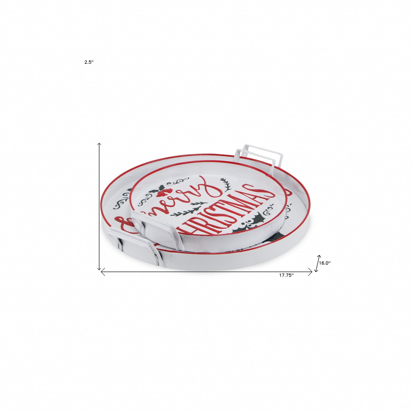 18" White Round Metal Christmas Handmade Tray With Handles