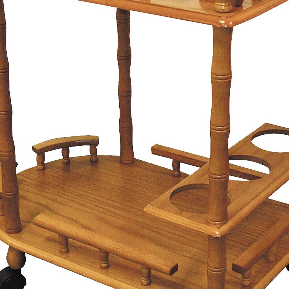 Oak Irregular Rolling Bar Cart With Wine Storage