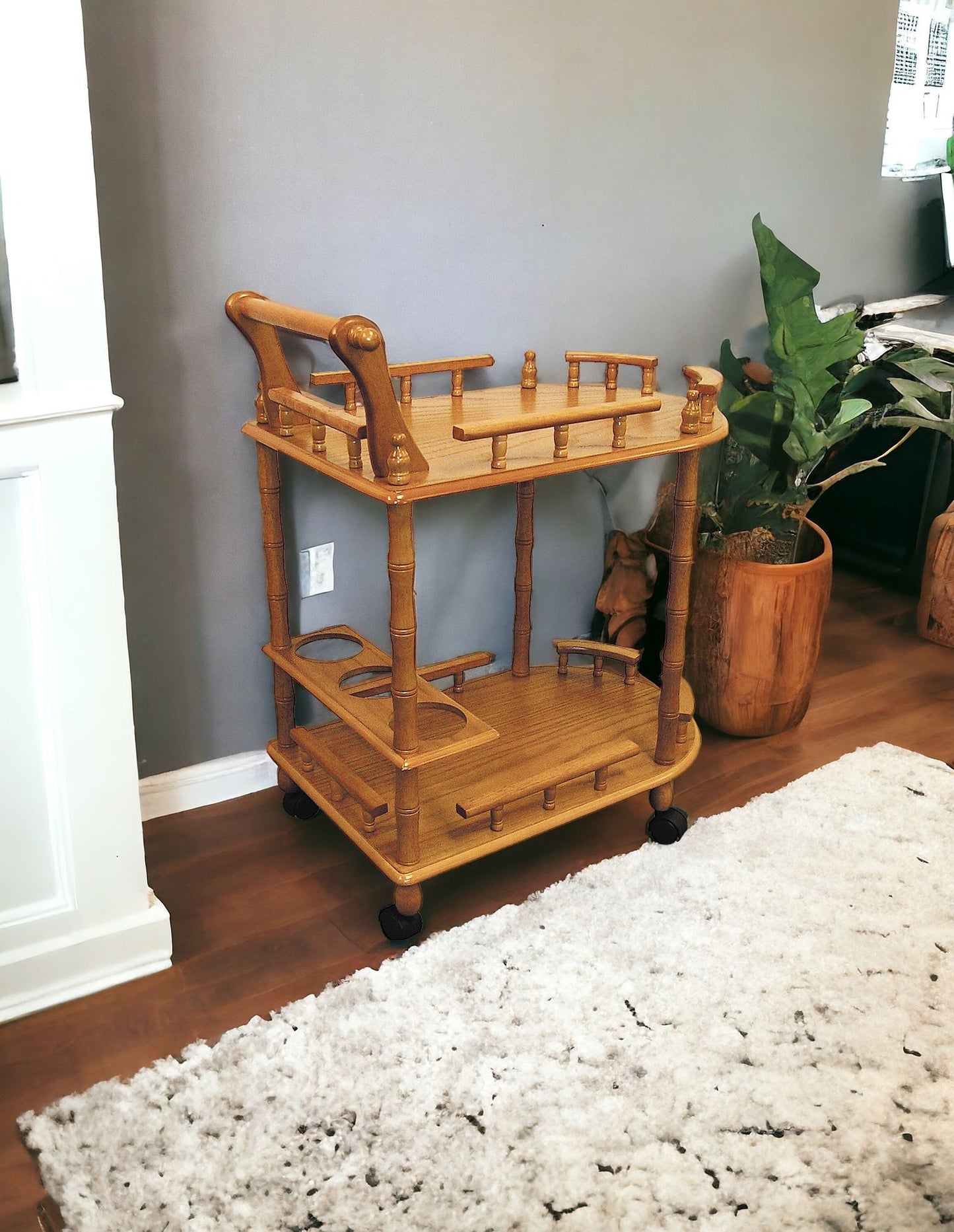 Oak Irregular Rolling Bar Cart With Wine Storage