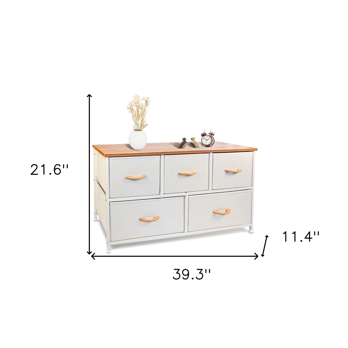 39" White and Natural White Fabric Chest With Two Shelves And Five Drawers