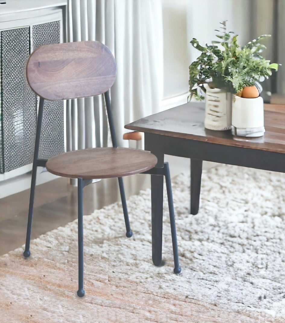 Set of Two Brown And Black Wood and Metal Dining Chairs