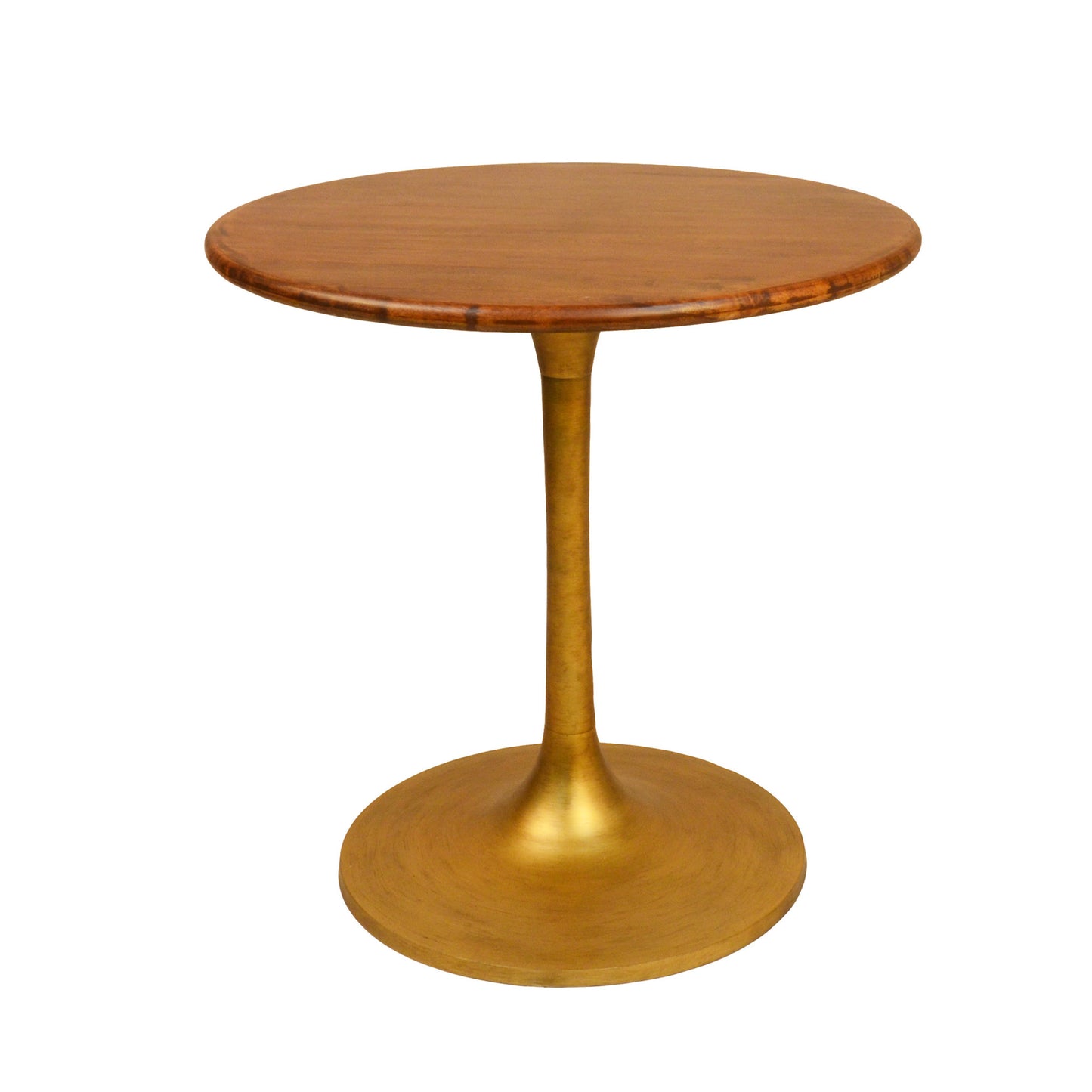 30" Brown and Gold Rounded Solid Wood and Iron Pedestal Base Dining Table