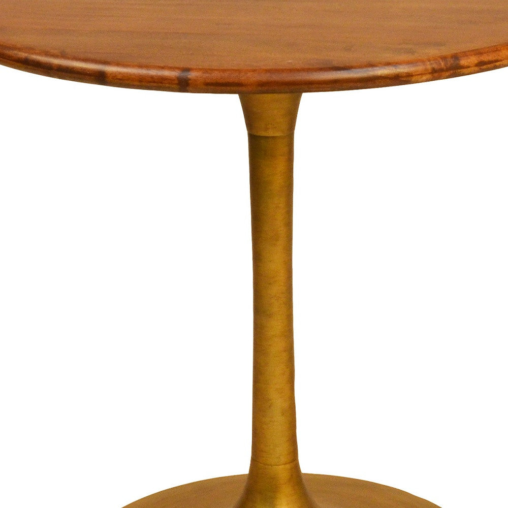 30" Brown and Gold Rounded Solid Wood and Iron Pedestal Base Dining Table