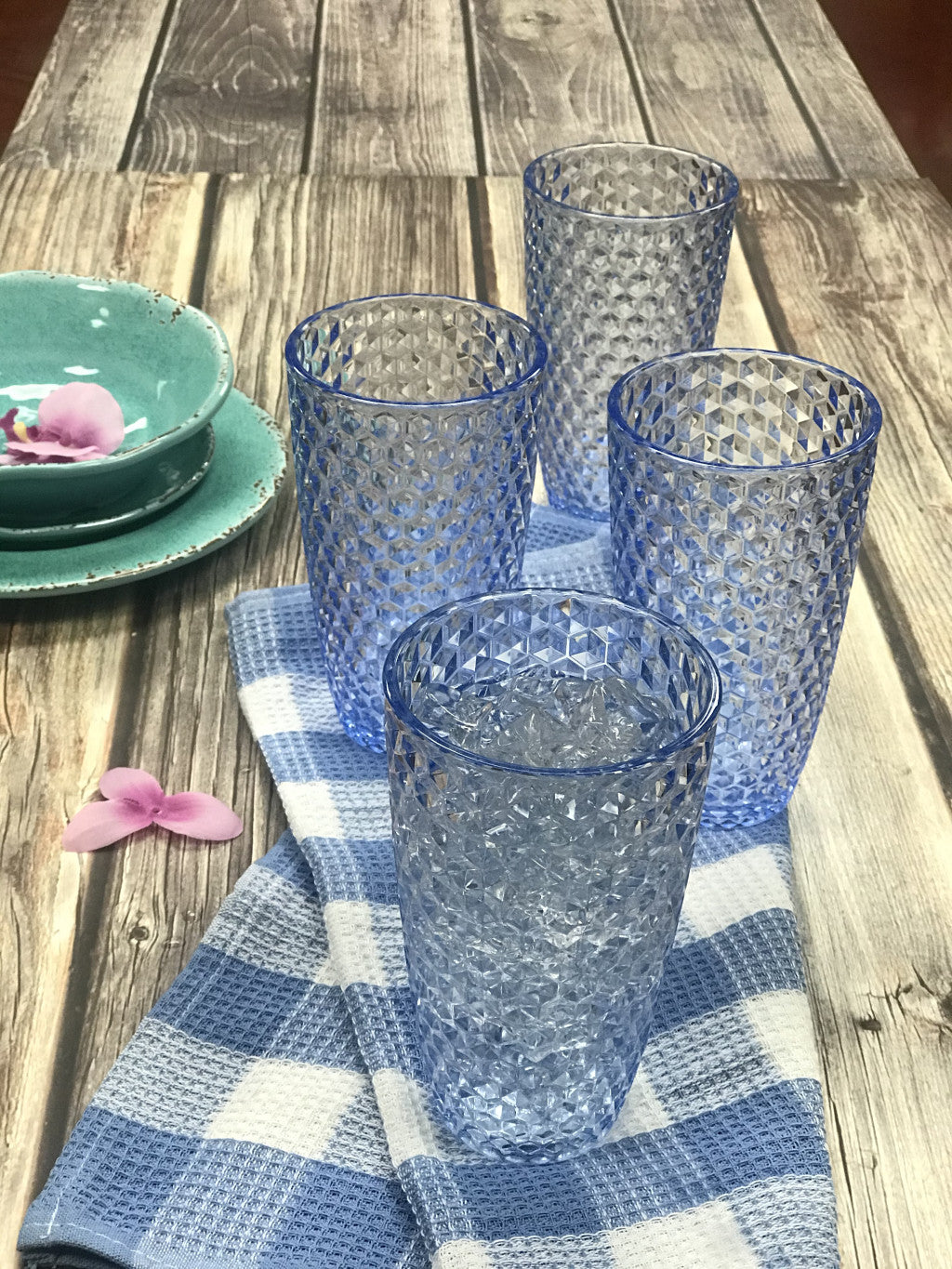 Set of Four Blue Geometric Acrylic Stemless Highball Glass