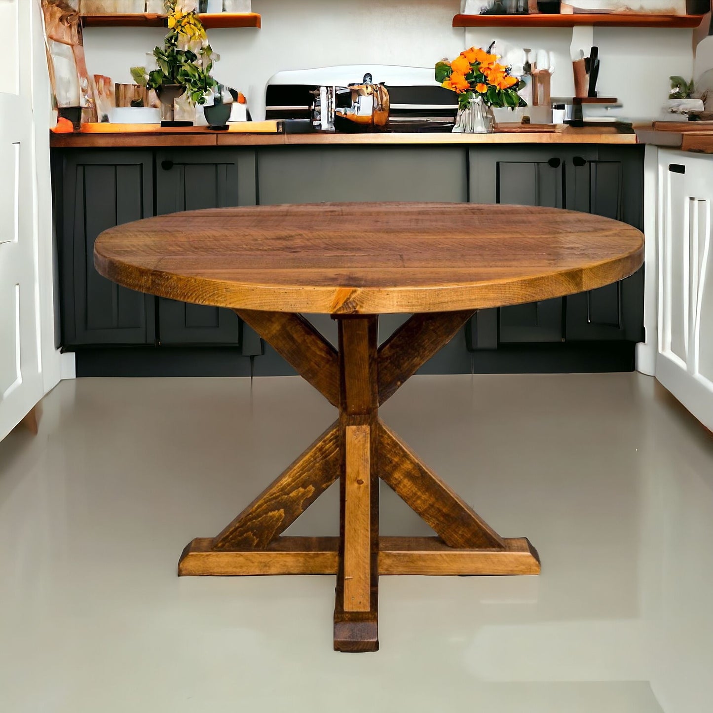 42" Brown Rounded Solid Wood Trestle Base Dining Table