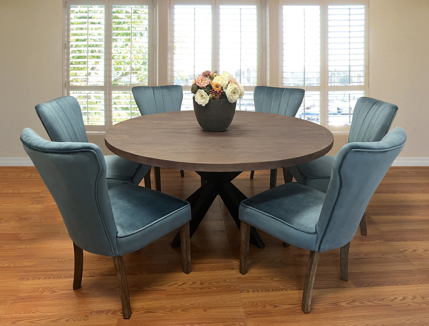 60" Gray Beige And Black Solid Wood And Iron Round Dining Table