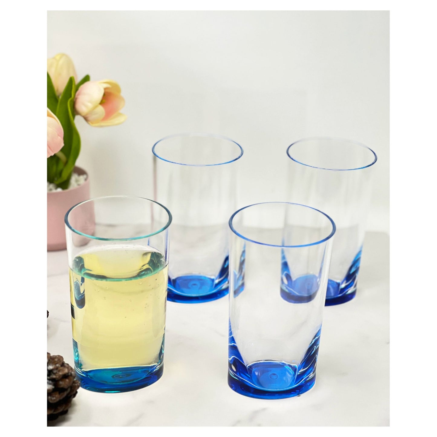 Set of Four Clear and Blue Acrylic Highball Glasses