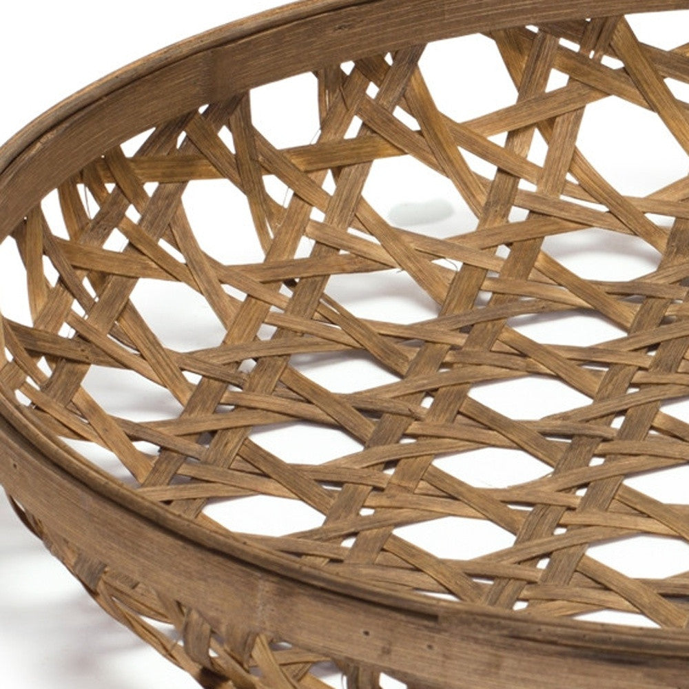 22" Brown Bamboo Weave Round Wood Tray