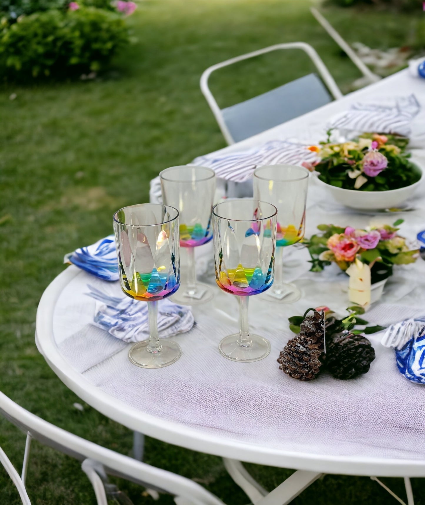 Set of Four Clear and Rainbow Geometric Acrylic Stemmed All Purpose Wine Glasses