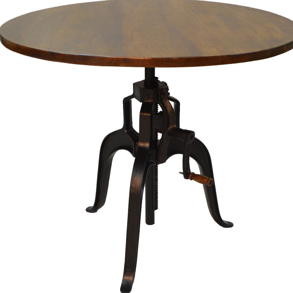 36" Brown and Gold Rounded Solid Wood and Iron Pedestal Base Dining Table