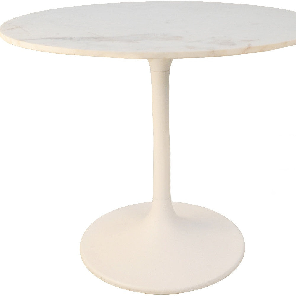 36" White Rounded Marble and Iron Pedestal Base Dining Table