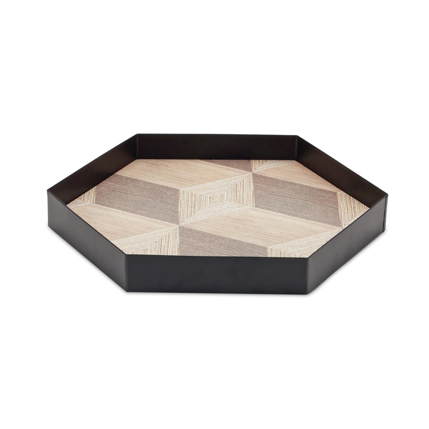 Set Of Three 12" Natural and Black Hexagon Trays