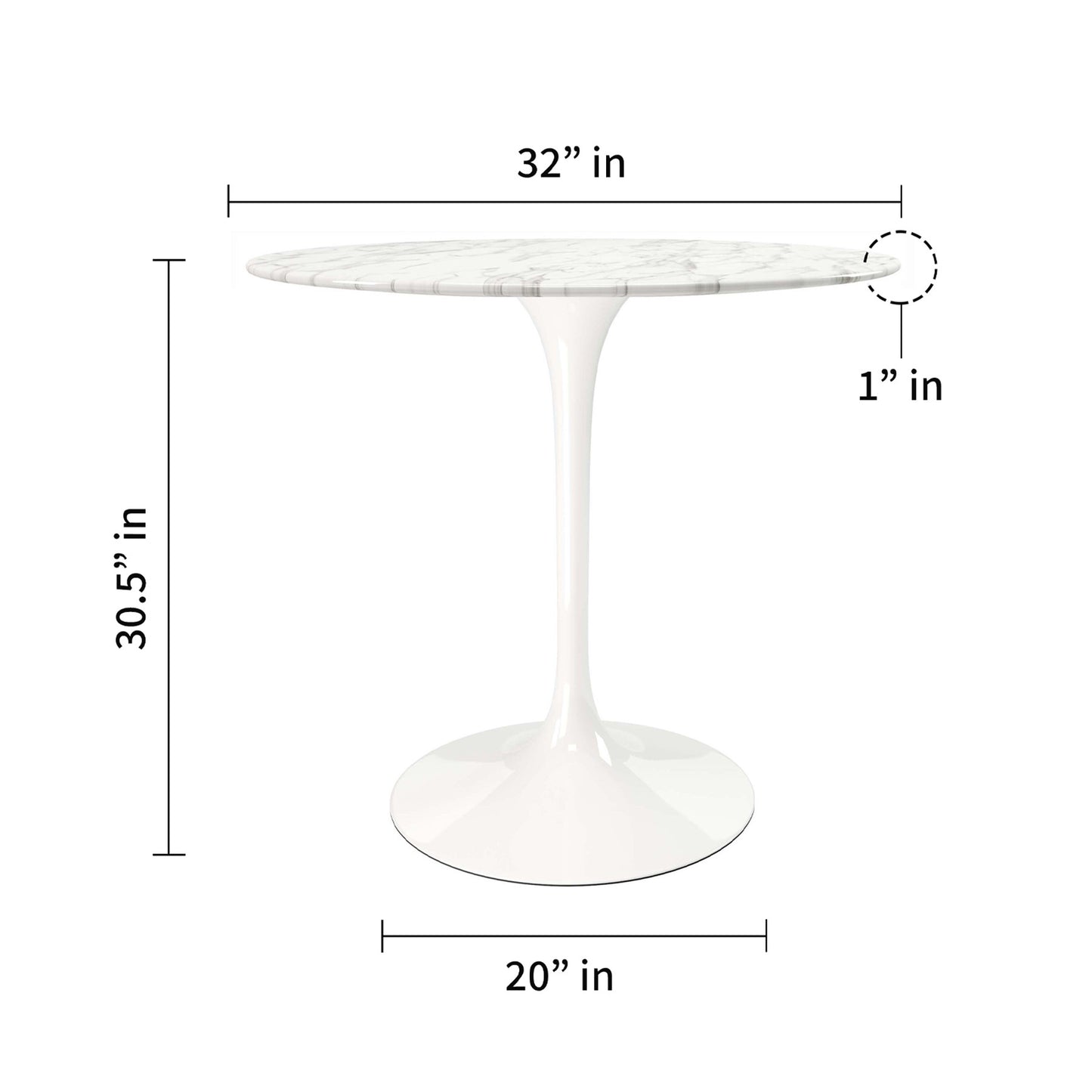 32" White Marble And Metal Dining Table