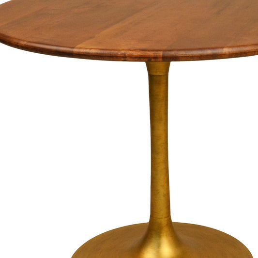 36" Brown and Gold Rounded Solid Wood and Iron Pedestal Base Dining Table