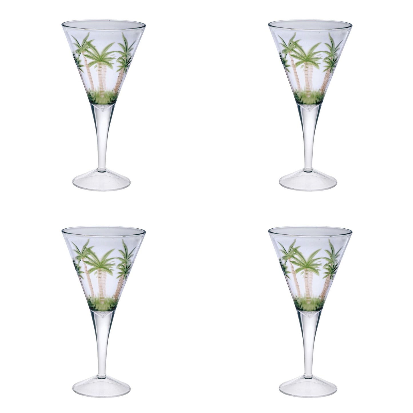 Set of Four Clear and Green Palm Tree Acrylic Stemmed All Purpose Wine Glasses