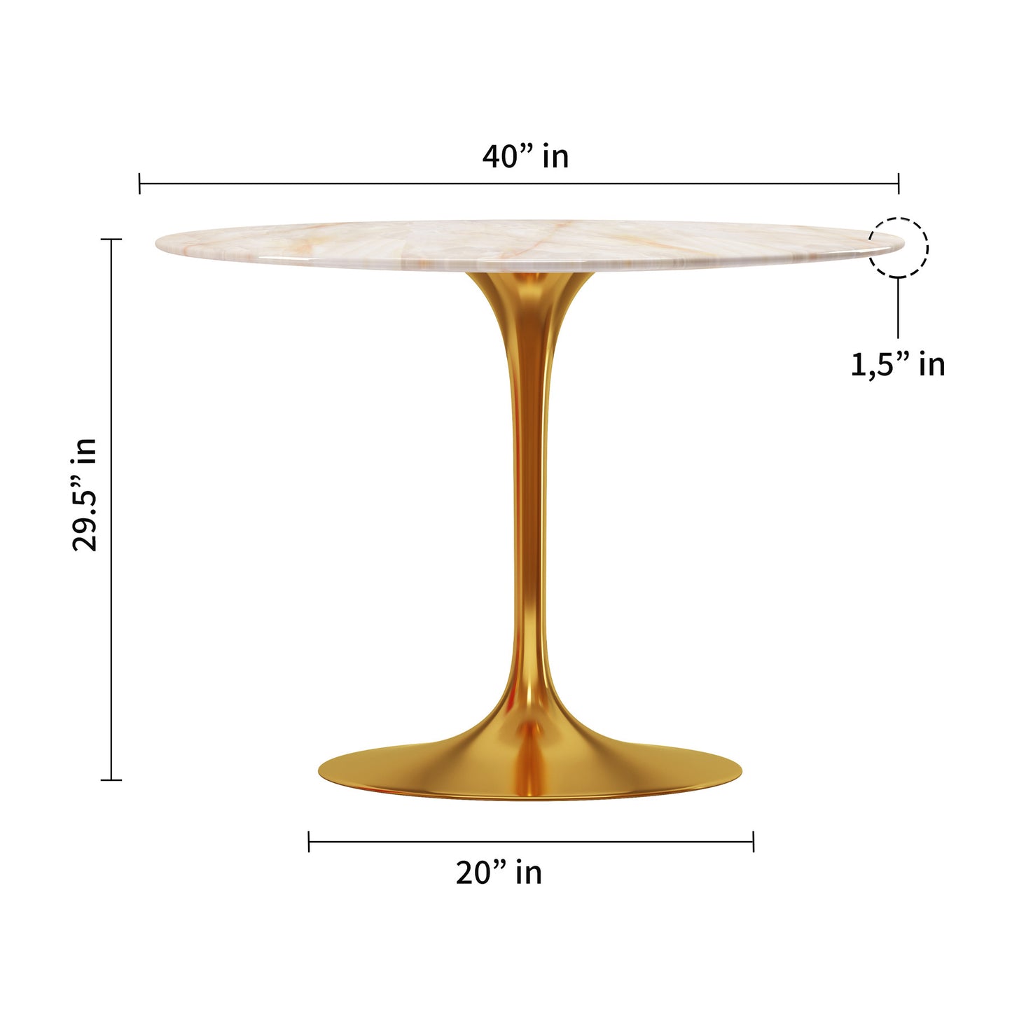 40" White And Gold Marble And Metal Dining Table