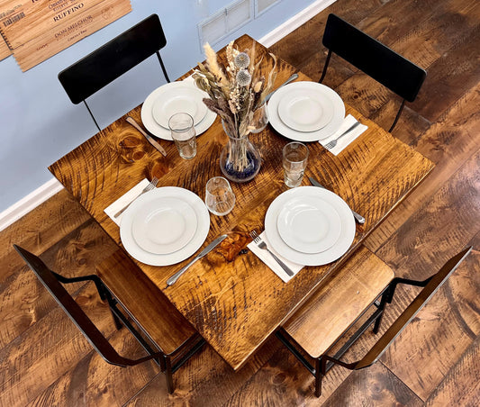 36" Brown And Black Square Solid Wood And Steel Pedestal Base Dining Table