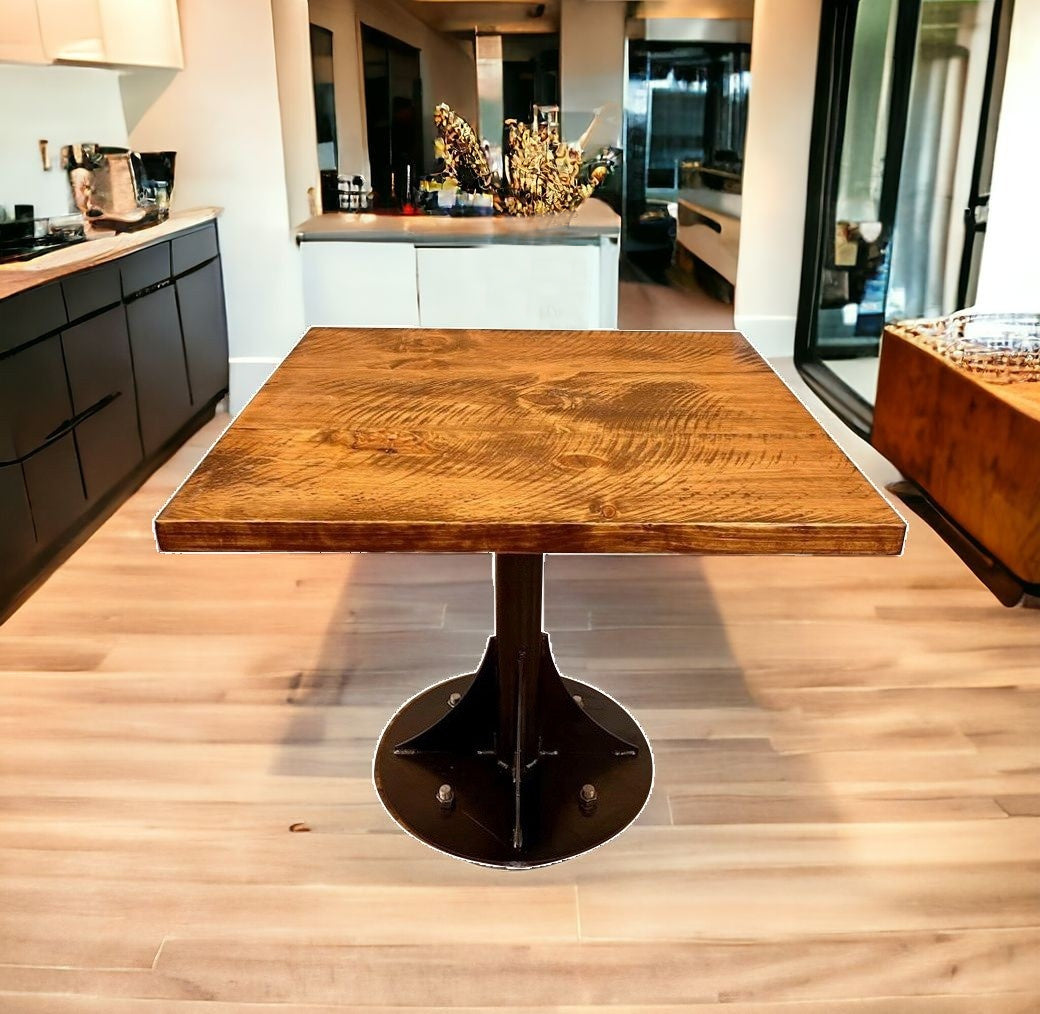 36" Brown And Black Square Solid Wood And Steel Pedestal Base Dining Table