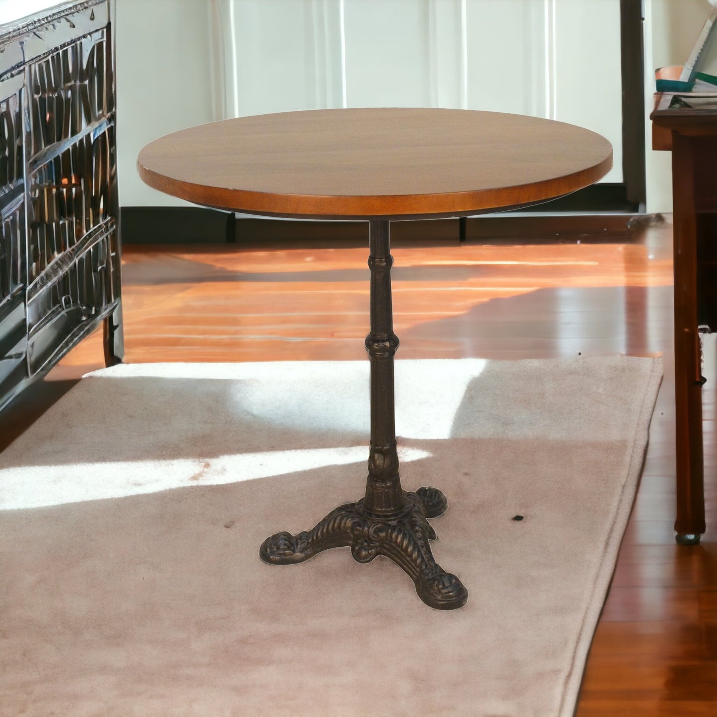 30" Chestnut and Black Rounded Solid Wood and Iron Dining Table