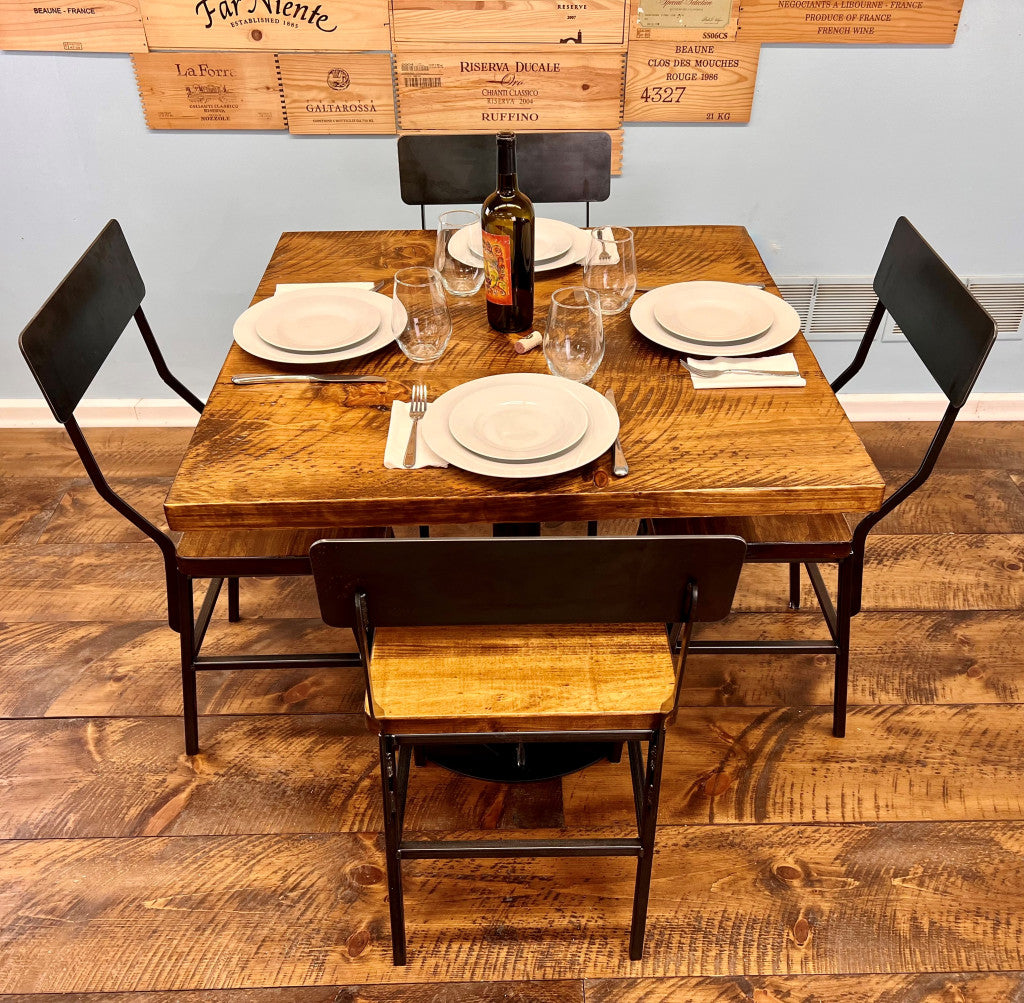 36" Brown And Black Square Solid Wood And Steel Pedestal Base Dining Table