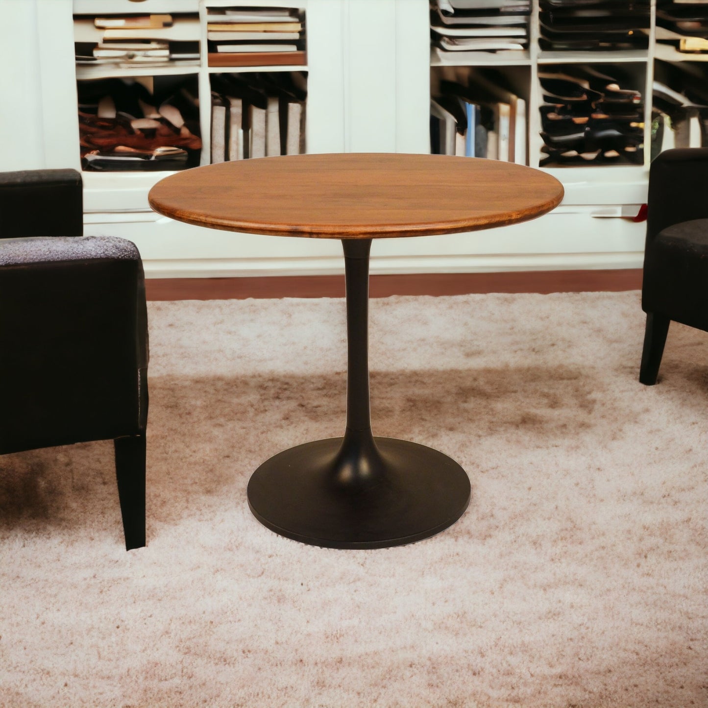 36" Brown and Black Rounded Solid Wood and Iron Pedestal Base Dining Table