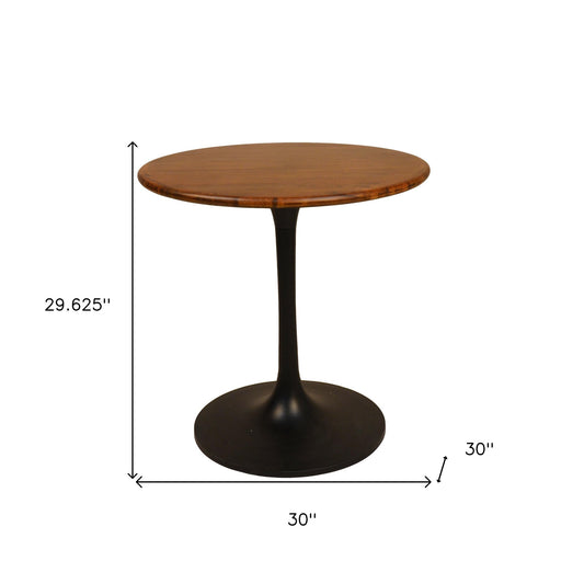 30" Brown and Black Rounded Solid Wood and Iron Pedestal Base Dining Table