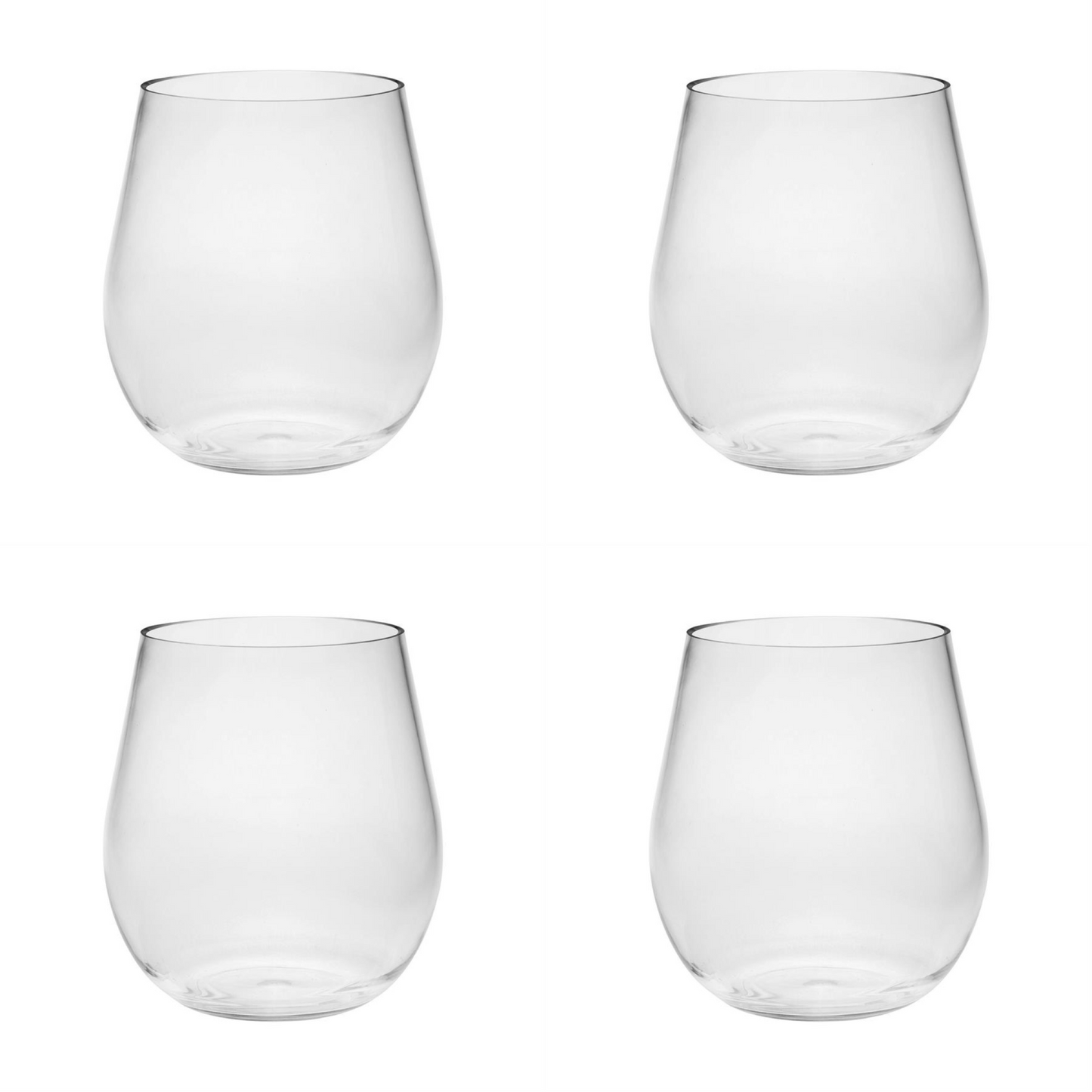 Set of Four Clear Tritan Plastic Balloon or Round Bowl Stemless All Purpose Wine Glass