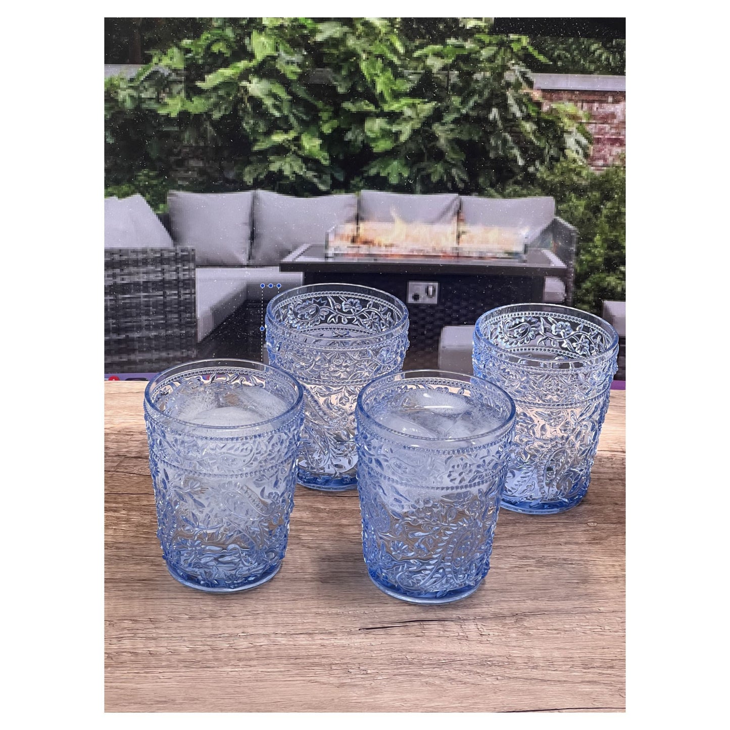 Set of Four Blue Paisley Acrylic Stemless Whiskey Glasses