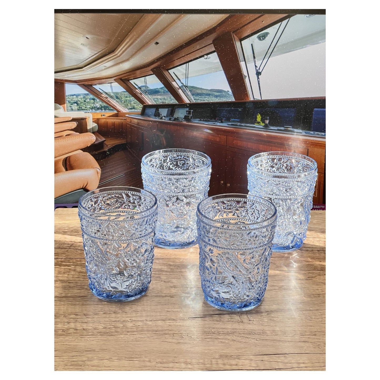 Set of Four Blue Paisley Acrylic Stemless Whiskey Glasses