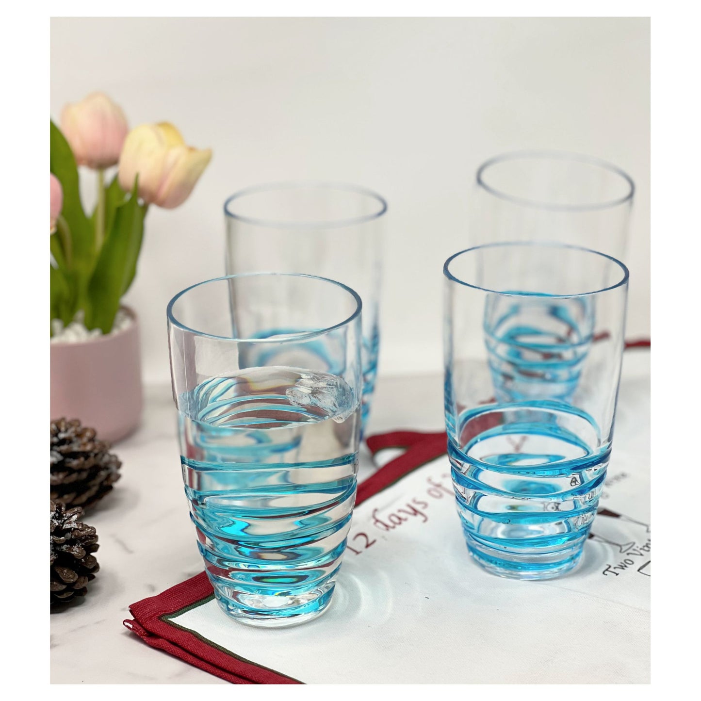 Set of Four Clear and Blue Swirl Acrylic Highball Glasses