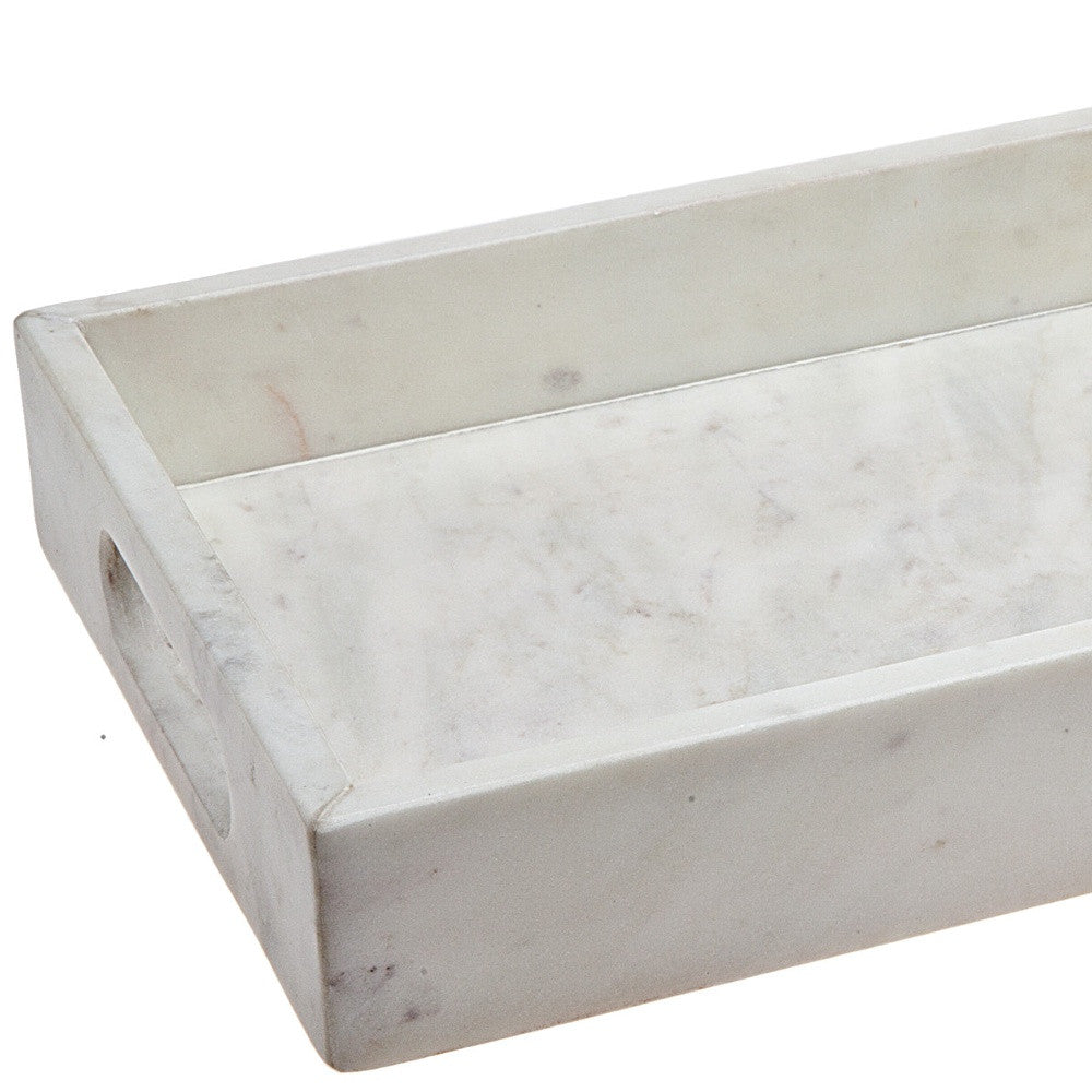 14" White Rectangular Marble Serving Tray With Handles