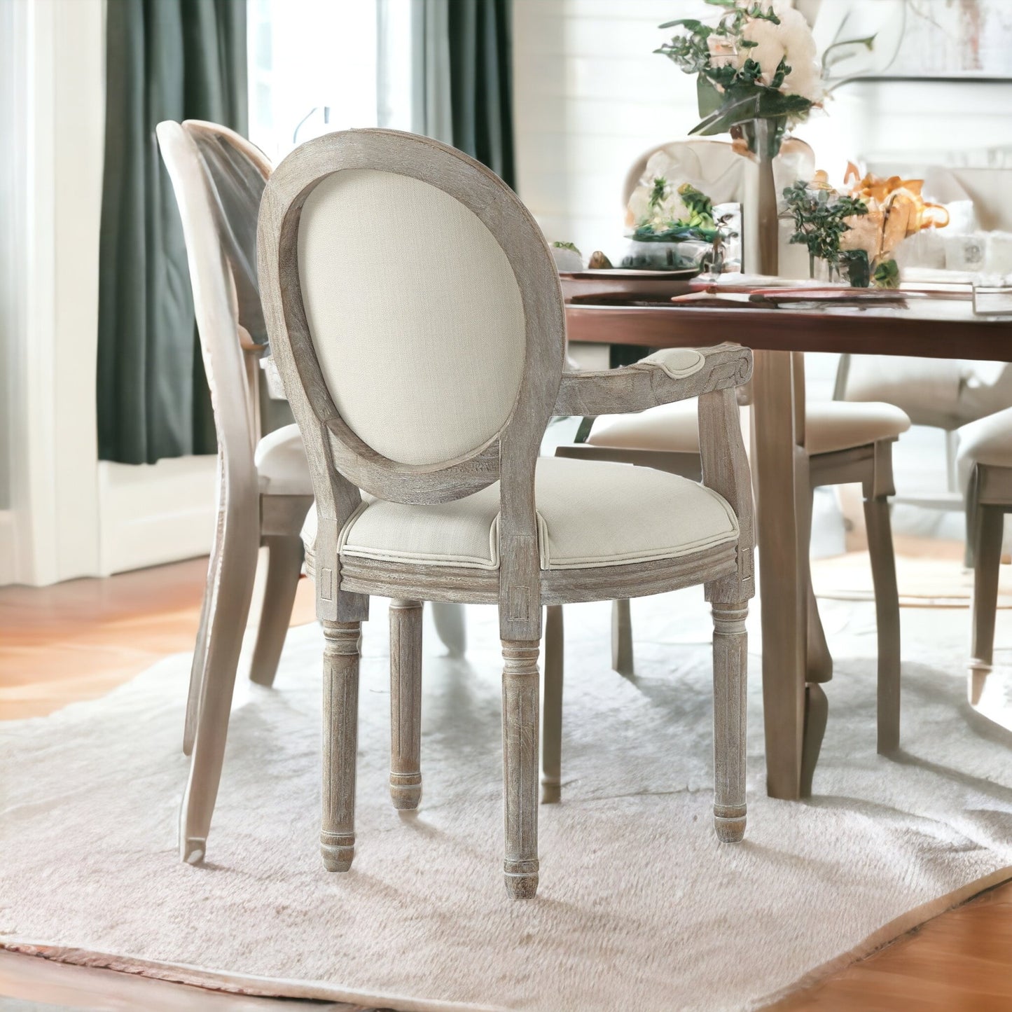 Tufted Cream and Brown Upholstered Linen Dining Arm Chair