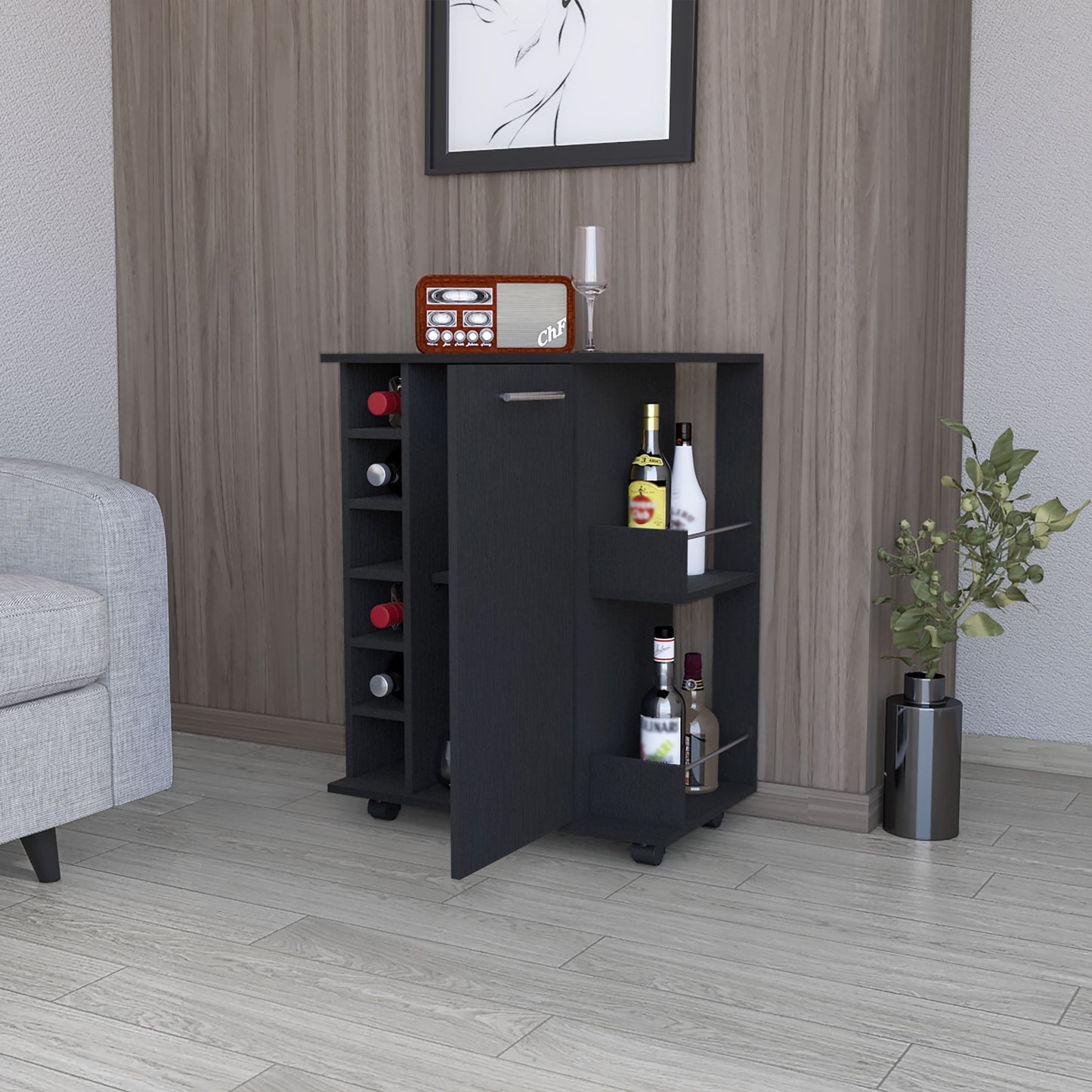 Black Rolling Bar Cart With Wine Storage