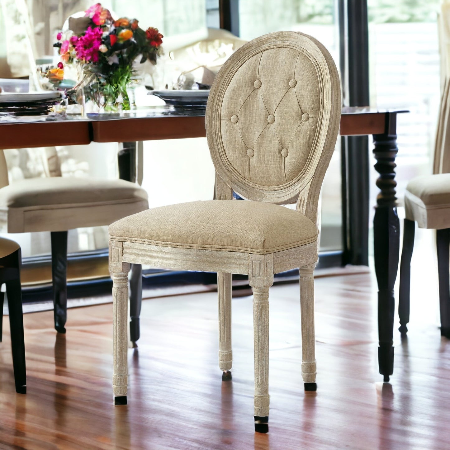 Tufted Beige and Brown Upholstered Linen Dining Side Chair