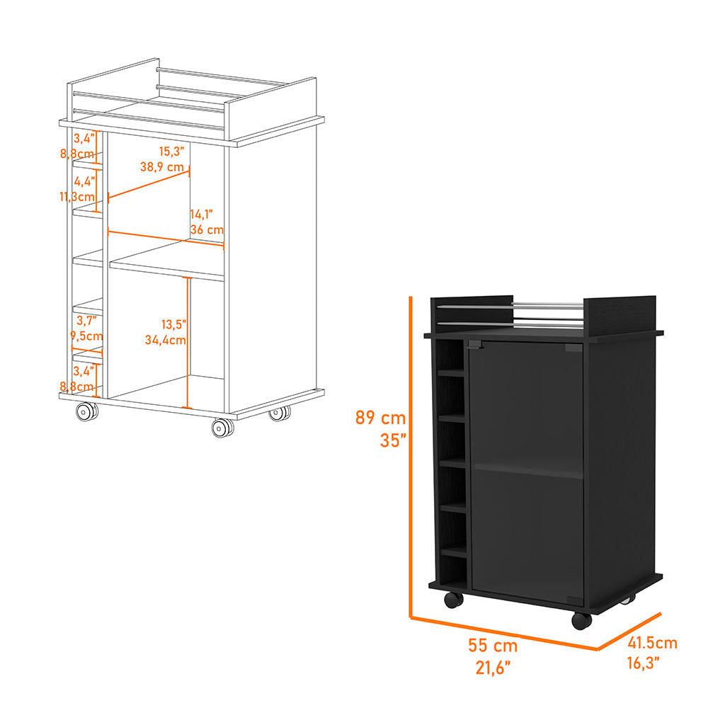 Black Rolling Bar Cart With Wine Storage