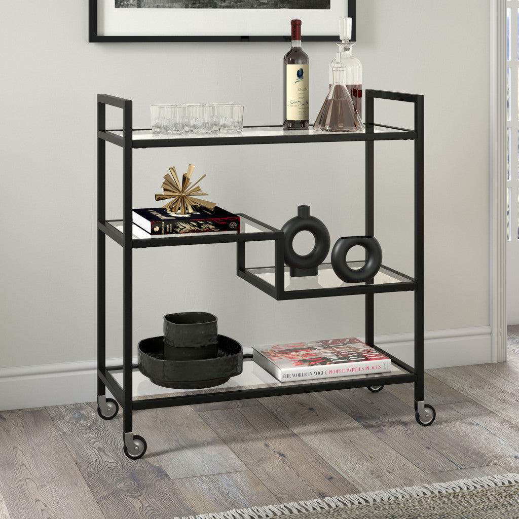 Black Steel And Glass Rolling Bar Cart