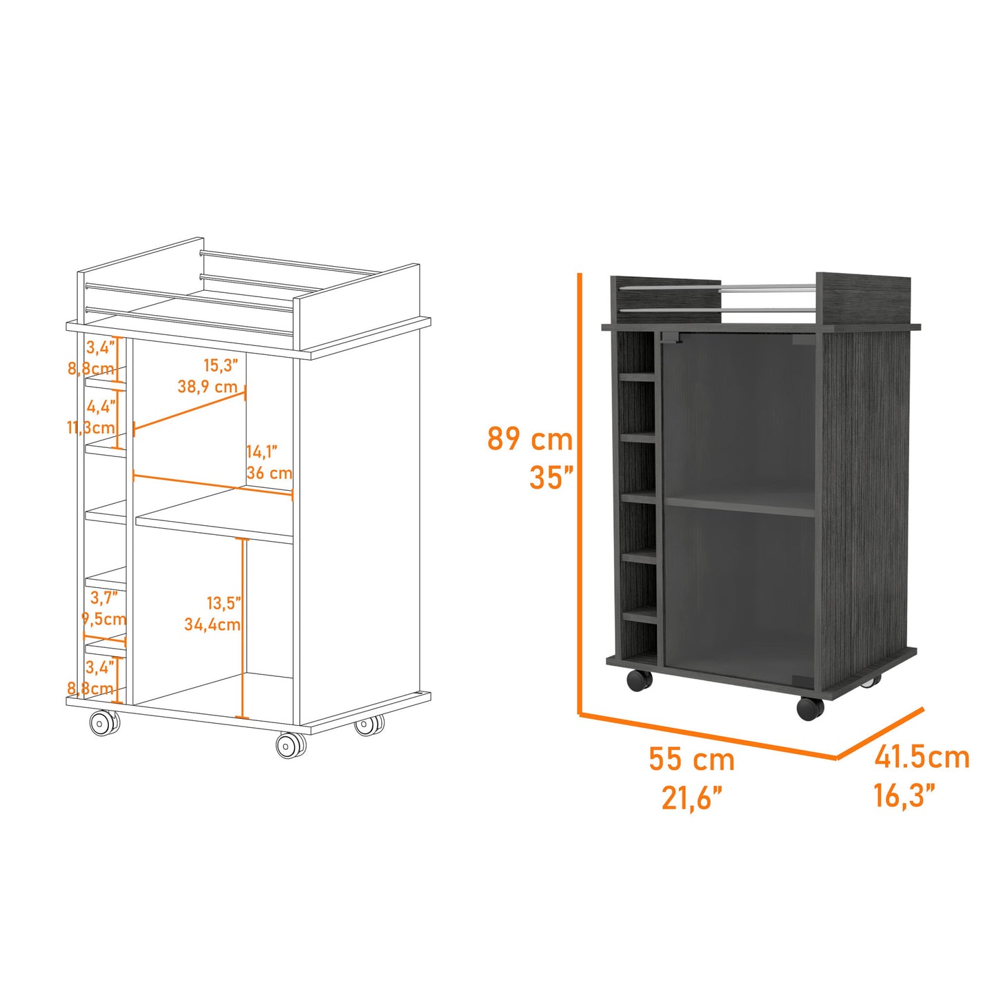 Gray Rolling Bar Cart With Wine Storage