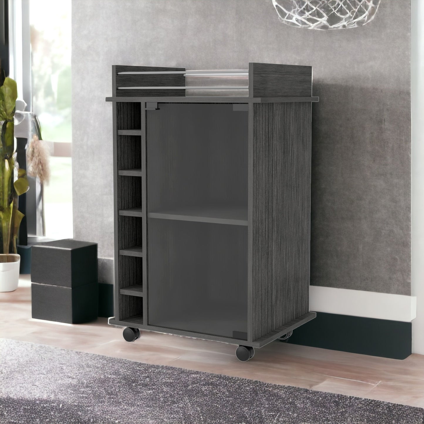 Gray Rolling Bar Cart With Wine Storage