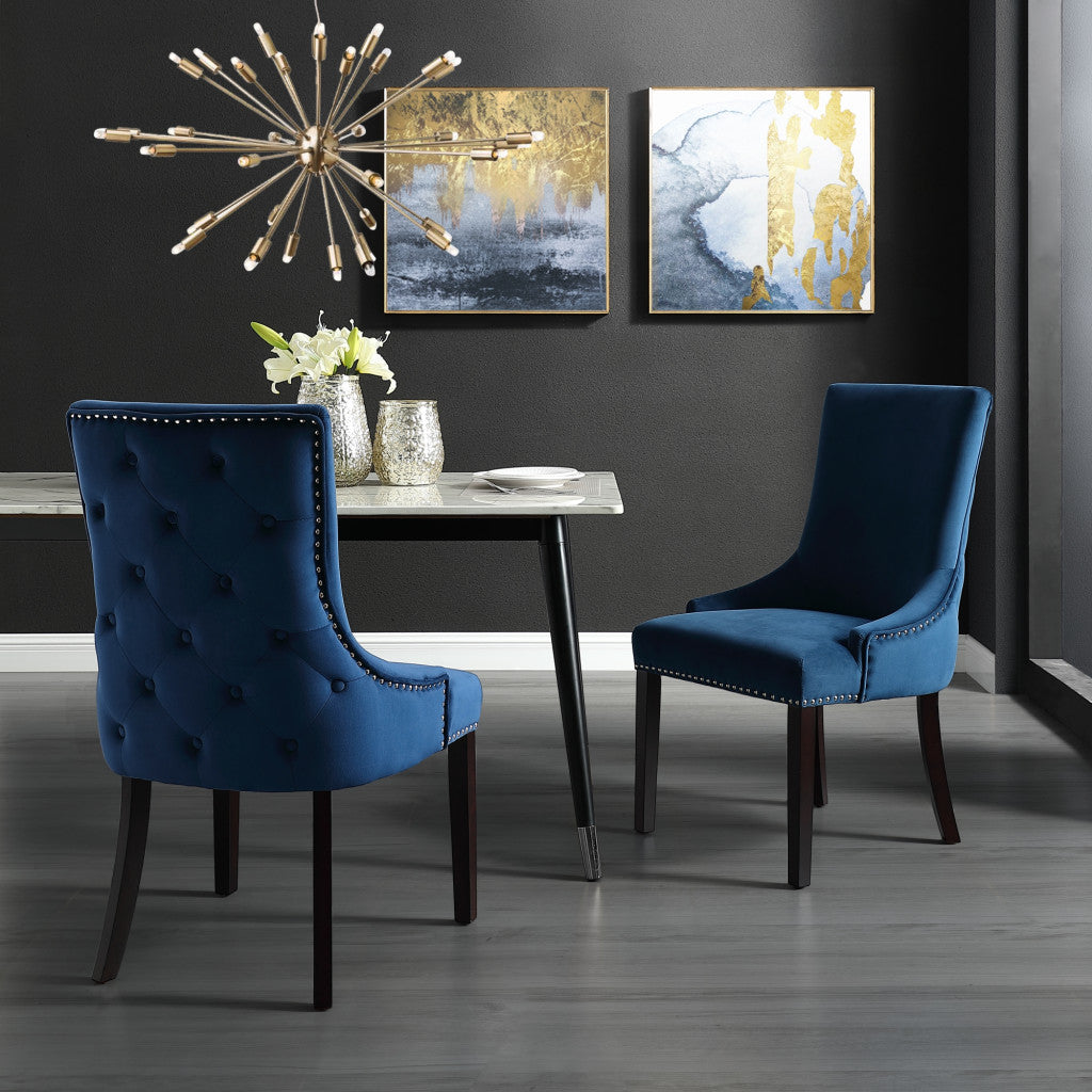 Set of Two Tufted Navy Blue and Espresso Upholstered Velvet Dining Side Chairs